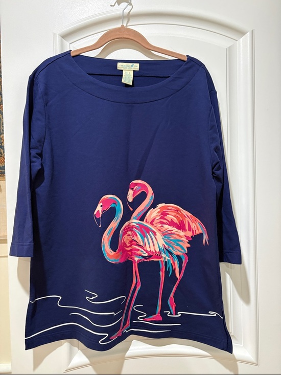 Caribbean Joe Tops - Caribbean Joe Navy Top with Pink & Teal Flamingo Print